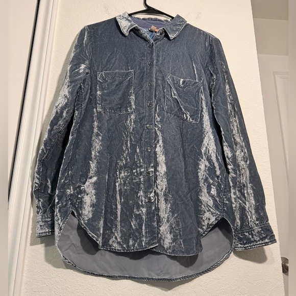 Anthropologie Pilcro Crushed Blue Velvet Femme Buttondown Shirt Dark Size 8 - Picture 4 of 10